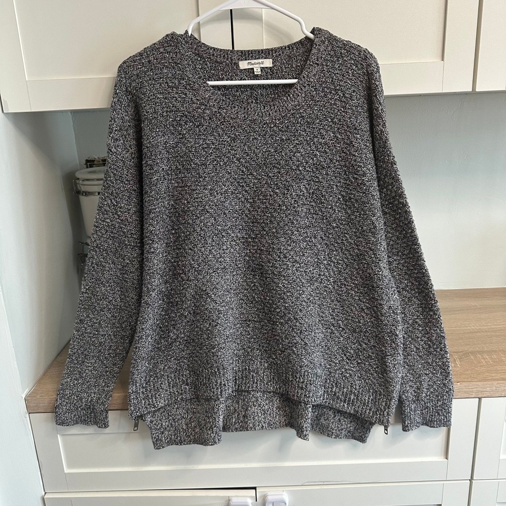 Madewell Side-Zip Marled Knit Crewneck Sweater Women's M Black‎ White CBS Style